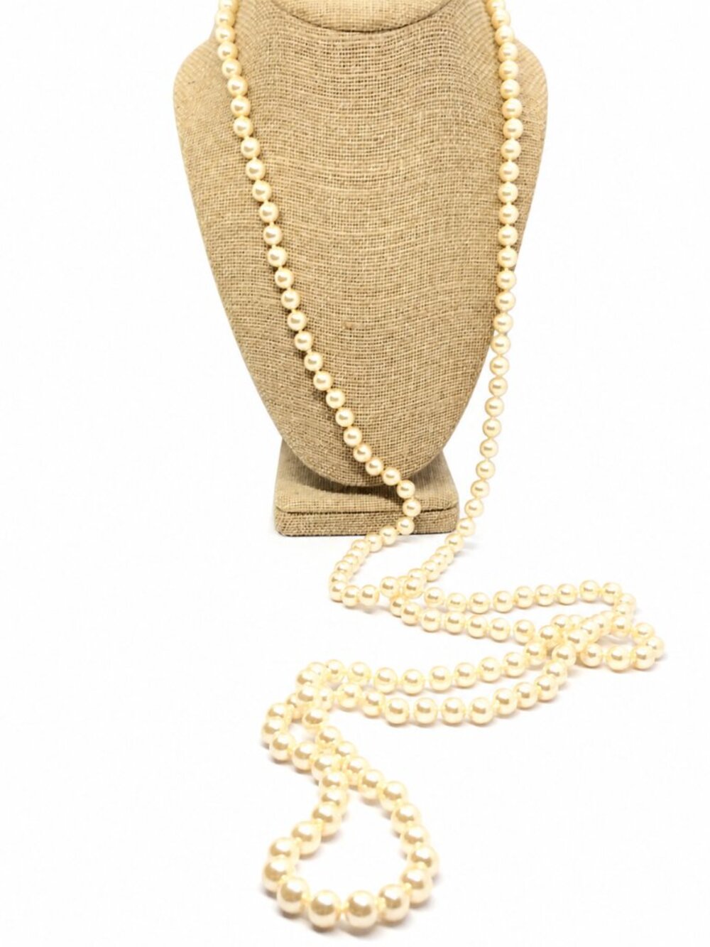 VINTAGE FAUX PEARL Necklace Glass Long Knotted Beaded Strand Classic Elegant